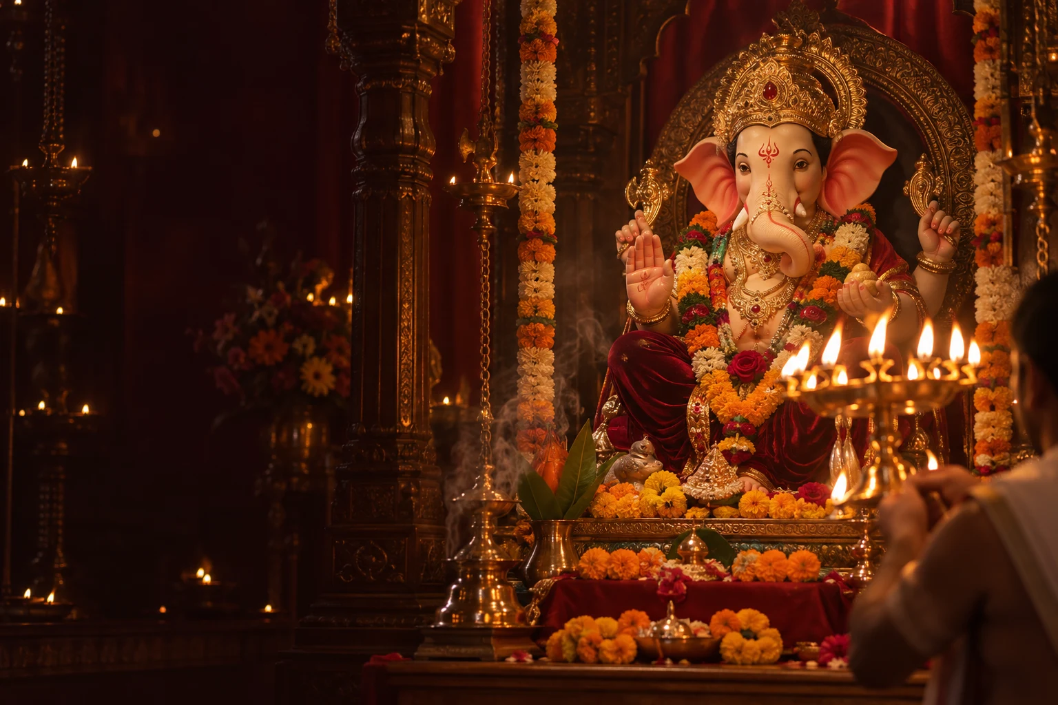 गणेश मूर्तीजवळ तेवणारा आरतीचा दिवा